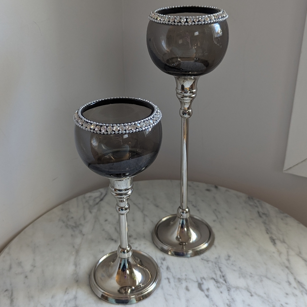 Long Stem Goblet Candle Holders Chic Charcoal Glass With A Crystal-like Rim